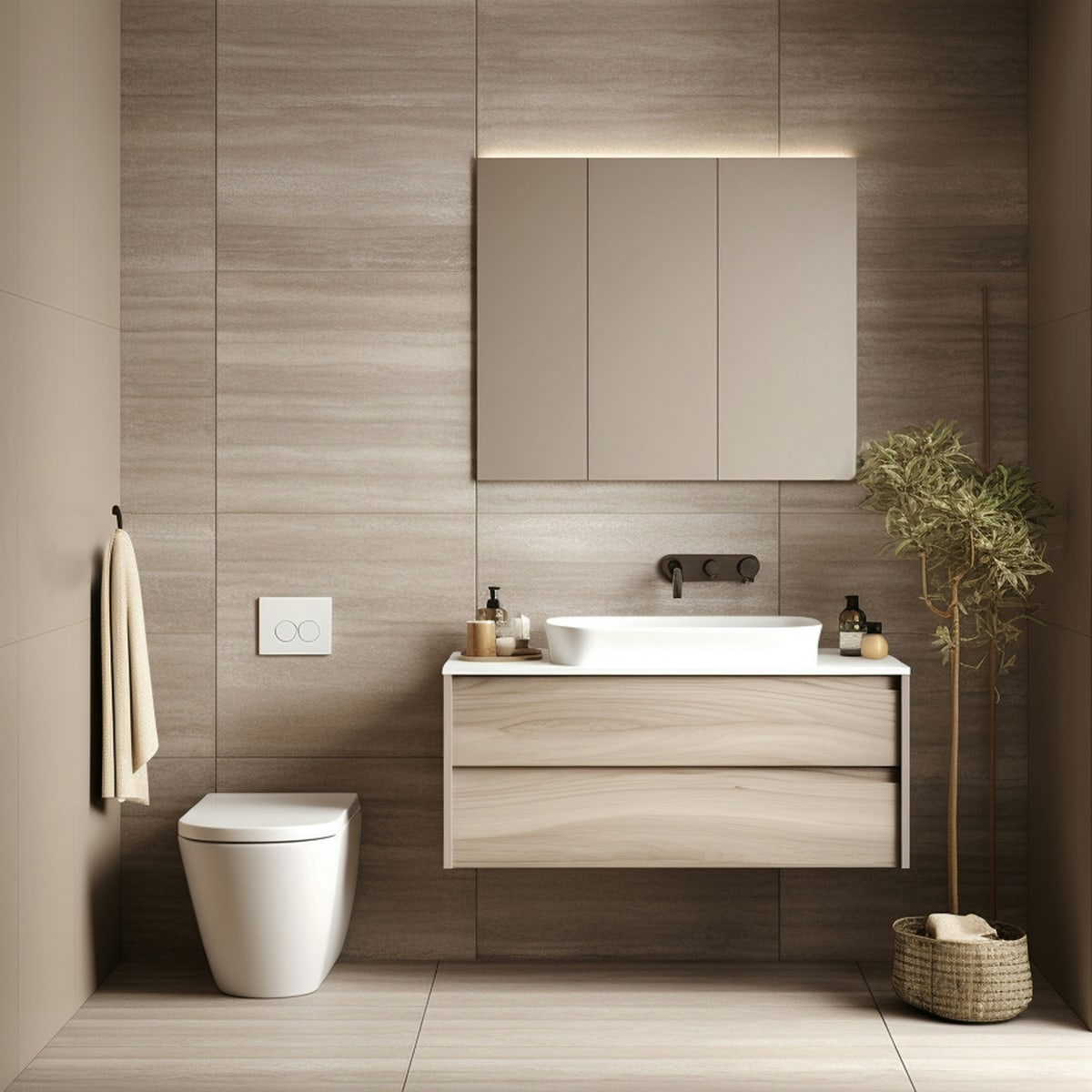 Modern minimalistiskt badrum med beigetonad kakel och trädetaljer